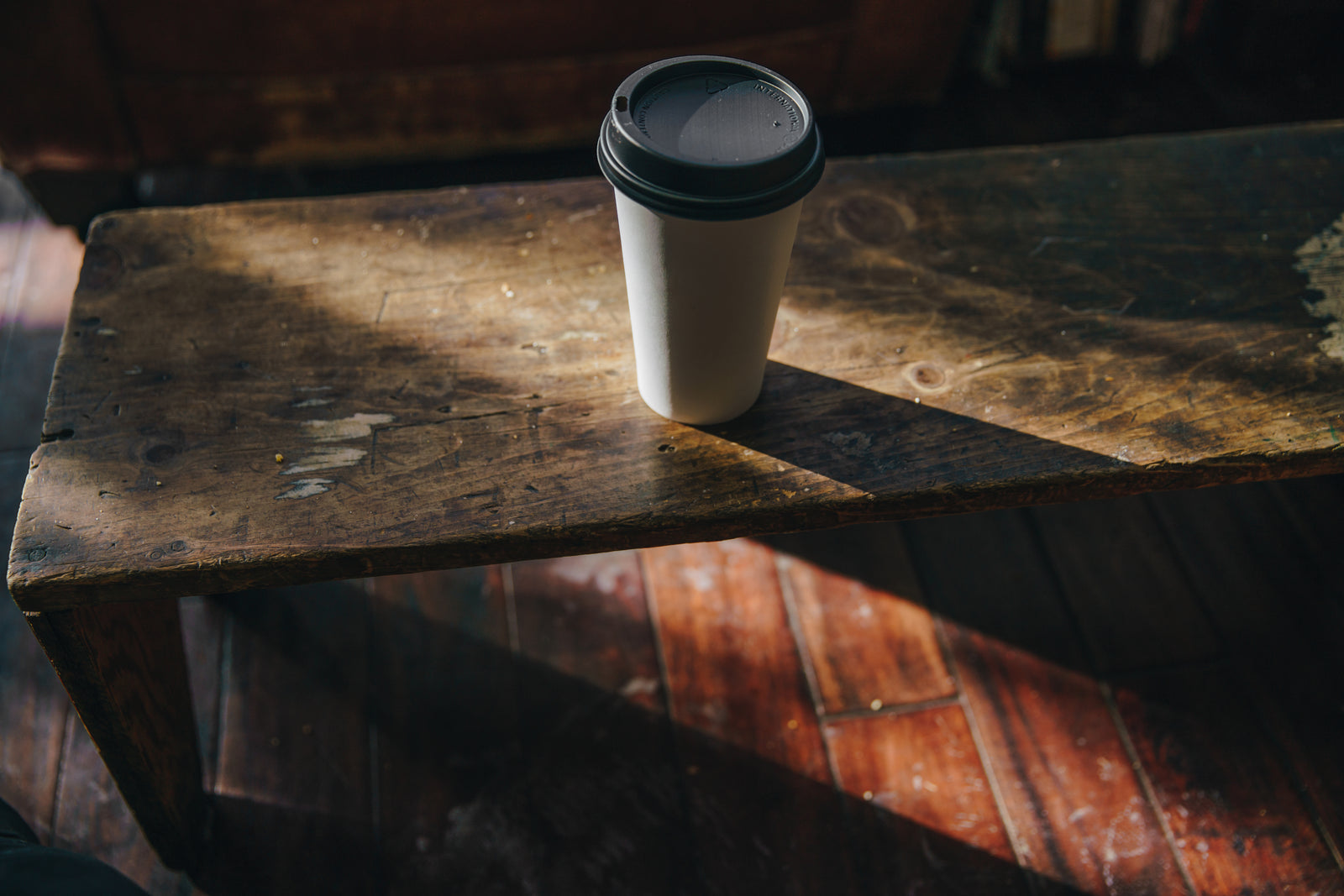 A coffee cup on a wooden table